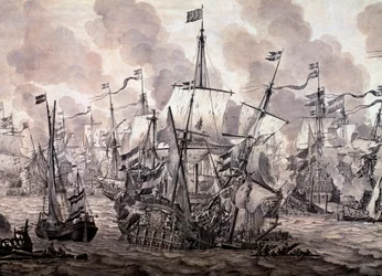 a Batalha do Som entre as frotas holandesa e sueca, 8 de Novembro de 1658. Detalhe - Pintura a óleo e tinta