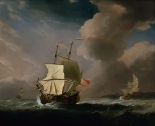 Um inglês de dois andares em um vento forte com outro navio no fundo (óleo sobre tela)