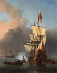 Um navio de guerra inglês a disparar uma salva