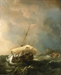 Navio britânico num vento tempestuoso, a tentar escapar da costa rochosa. Óleo sobre tela