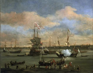 Navio comercial britânico num porto do Mar Mediterrâneo. Óleo sobre tela