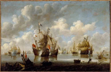 Combate no Mar do Norte no século XVII Pintura de Willem van de Velde le Jeune (1633-1707)