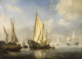 Navegação em uma calma com um Iate dos Estados Unidos fora do final de um cais, c.1680 (óleo sobre tela)