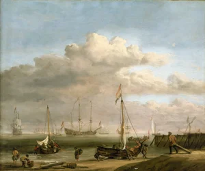 A costa holandesa até Marsdiep e Den Helder, com barcos de pesca. Óleo sobre tela, cerca de 1690, de Willem van de Velde (1633-1707).