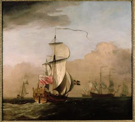 O queche do segundo duque de Albemarle com um iate à esquerda e três navios de guerra ao longe à direita