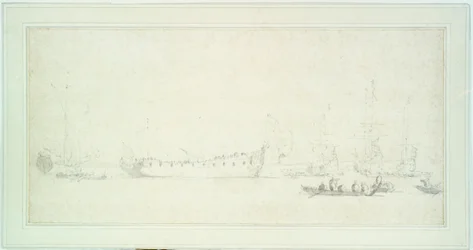 O lançamento de um navio inglês, provavelmente o "James Galley", c.1676 (grafite e lavagem, cinzento)