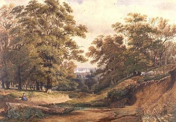 Uma Cena em Bagley Wood perto de Oxford (aguarela e cor de corpo)