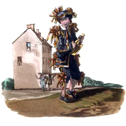 Rapaz limpador de chaminés vestido para o Dia do Trabalhador, c.1820 (gravura)