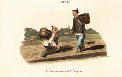 Crianças chinesas coletando esterco de cavalo