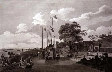 Vista do Lago Pao-Yng, onde está separado do Grande Canal por um aterro de terra, gravado por William (1747-1810) e Elizabeth Ellis, pub. por G. Nicol