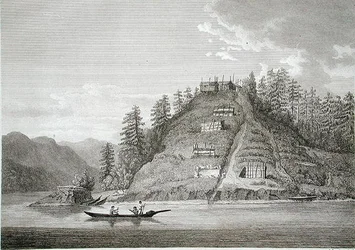 Aldeia dos Índios Amigos à entrada do Canal do Bute, gravada por J. Landseer, c.1790-99 (gravura)
