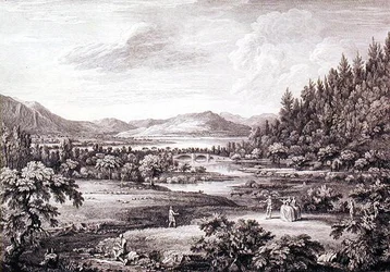 Uma Vista de Ulswater em direção à Ponte Pooley, gravada por Chatelin e Canot (gravação)