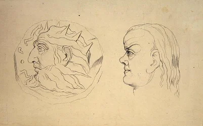 Anverso da moeda de Nabucodonosor e uma cabeça de Câncer, do "Tratado sobre Fisiognomia Zodiacal" de J. Varley, gravado por John Linell
