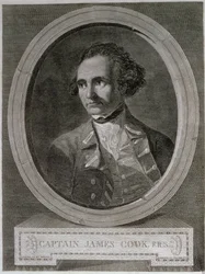 Retrato do Capitão James Cook (1728-79), do frontispício da "Viagem à Volta do Mundo ao Pólo Sul" (gravura)