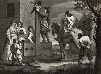 Hudibras conduzindo Crowdero em Triunfo, de "Hudibras" de Samuel Butler (1612-80) gravado por J. Romney, de "The Works of William Hogarth", publicado em 1833 (litografia)