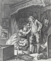 Mulher torna-se prostituta na Inglaterra do século XVIII (gravura)