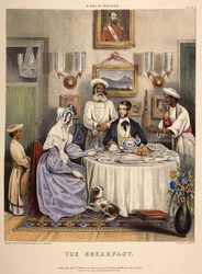 O café da manhã. Um jovem casal (um funcionário público da Companhia das Índias Orientais e sua esposa) tomando café da manhã com peixe frito, arroz e laranjas Sylhet, com empregados presentes. Litografia de J. Bouvier.
