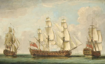 O honorável navio da Companhia [East India] Bessborough em três posições no Canal da Mancha com os seus conveses cheios de gente (óleo sobre tela)