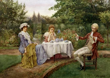 Ler no jardim. Leitura num jardim. Um homem lê um poema a duas mulheres sentadas à volta de um chá. Pintura de William A. Breakspeare (1855 6-1914 britânico) Coleção particular