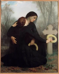 O dia do morto Uma mãe e uma filha em frente ao túmulo do falecido pai e do marido (?). Pintura de William Adolphe Bouguereau (1825-1905) Sol. 1,20 x 1,47 m. Bordeaux. Museu de Belas Artes
