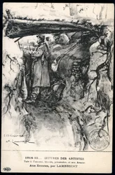 Primeira Guerra Mundial - Guerra 14-18 (1914-1918) - Primeira Guerra Mundial (Primeira ou Primeira Guerra Mundial): França, Mapa Patriótico mostrando um desenho de um soldado numa trincheira a observar a linha da frente, intitulado: 