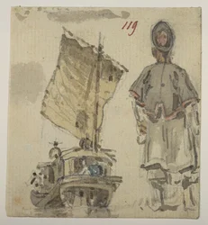 119 Estudos de barcos e figuras, de um Álbum de 372 desenhos de paisagens, costas, trajes e vida quotidiana feitos durante a embaixada de Lord Macartney no Imperador da China, entre 1792 e 1794 (lápis e aguarela sobre papel)