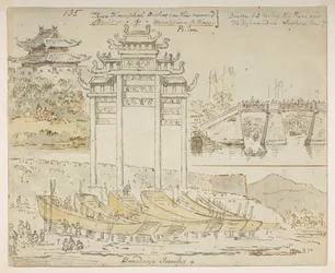 135 Lixo a ser construído perto de um arco triunfal. Estes arcos triunfantes são a recompensa do Mérito ou de Acções Meritórias. Ponte de 3 arcos. Os Píeres são demasiado piramidais. Suchew [Soochow]. 7 de Novembro". de um Álbum de 372 desenhos de paisagen