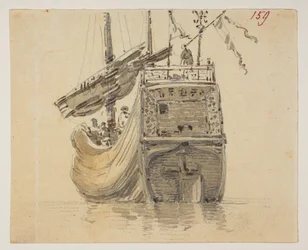 159 Um barco, de um Álbum de 372 desenhos de paisagens, costas, trajes e vida quotidiana feitos durante a embaixada de Lord Macartney no Imperador da China, entre 1792 e 1794 (lápis e aguarela sobre papel)