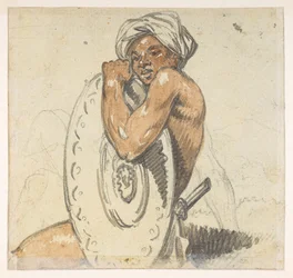 29v jovem com escudo.  de um Álbum de 372 desenhos de paisagens, litorais, trajes e vida cotidiana feitos durante a embaixada de Lord Macartney ao Imperador da China, entre 1792 e 1794 (lápis e aquarela sobre papel)