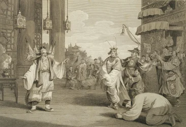 Uma cena em um jogo histórico exibido no palco chinês, gravado pelo pub James Heath (1757-1834). por G. Nicol, 1796