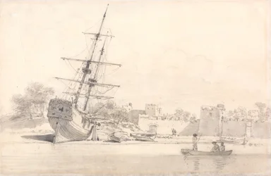 Um Pequeno Navio à Vela Desenhado na Costa abaixo de Alguns Edifícios Fortificados