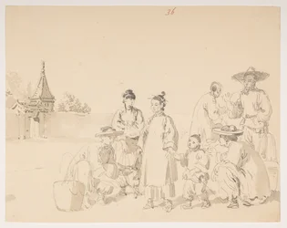 Um grupo, de um álbum de 372 desenhos de paisagens, litorais, trajes e vida cotidiana feitos durante a embaixada de Lord Macartney ao Imperador da China