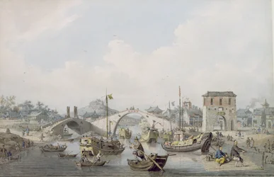 Barcos no rio em Suchow, China (wc sobre chumbo preto)