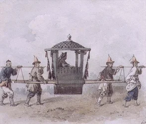 Servidores chineses com palanquim (aguarela)