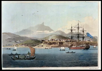 Porto Praya na Ilha de St. Jago, prato 4 de &39;A Voyage to Cochinchina&39; de John Barrow (1764-1848) gravado por Thomas Medland (1755-1823) 1806 (água-marinha)