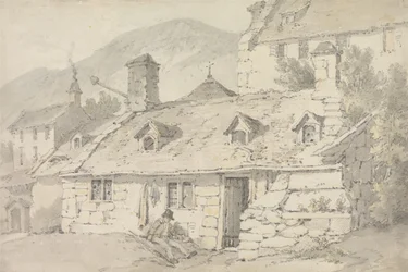 Casas de campo em pedra numa paisagem montanhosa com uma figura em primeiro plano