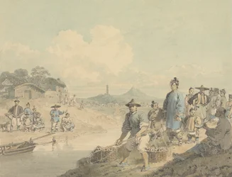 Vista na China: Números com Pagoda e Montanha