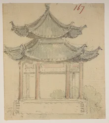 f.63 167 Templo, de um Álbum de 372 desenhos de paisagens, costas, trajes e vida quotidiana feitos durante a embaixada de Lord Macartney no Imperador da China, entre 1792 e 1794 (lápis e aguarela sobre papel)