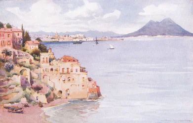 A Baía de Nápoles, da Pitoresca Europa de Hutchinson publicada pela Hutchinson & Son, c.1930 (lito colorido)