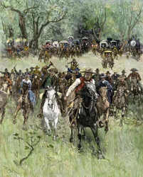 Estados Unidos, Estado de Oklahoma: West Conquete. Proprietários carregando em sinal no oeste de Oklahoma durante a corrida às terras