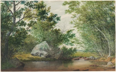 Paisagem com córrego arborizado e Boulder, c. 1880s.