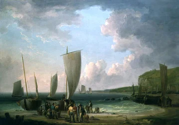 Uma paisagem costeira com desembarque de pescadores