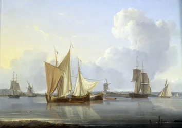 Chegada a Limehouse, Londres (Inglaterra), vários barcos no Tamisa e um moinho na margem e, à direita, o Hospital de Greenwich. Óleo sobre tela, cerca de 1820, de William Anderson (1750-1778).