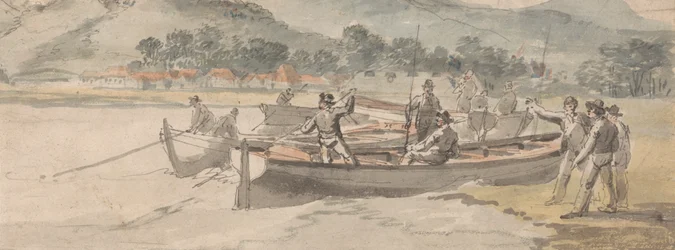 Barcos e homens em terra