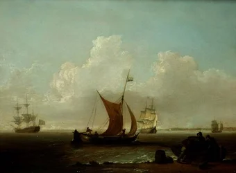 Navegação holandesa ao largo da costa da Holanda com pescadores a carregar um barco de terra