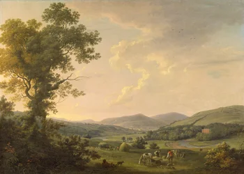 Paisagem com Haymakers e uma vista distante de uma casa georgiana, c.1780 (óleo sobre tela)