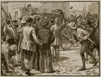 Ataque a Sir Charles Wetherell em Bristol, ilustração de &39;História Ilustrada de Cassell na Inglaterra&39; (foto sépia)