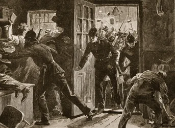 Confronto em Ennis entre membros da National League e a polícia, 1886, ilustração de «Cassell