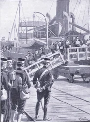 Tropas japonesas embarcando em Kobe, ilustração deCassells História da Guerra Russo-Japonesa Vol 1, c.1900