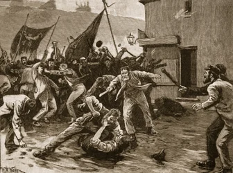 Tumultos em Belfast, 1886, ilustração de "História Ilustrada de Cassell da Inglaterra" (foto sépia)